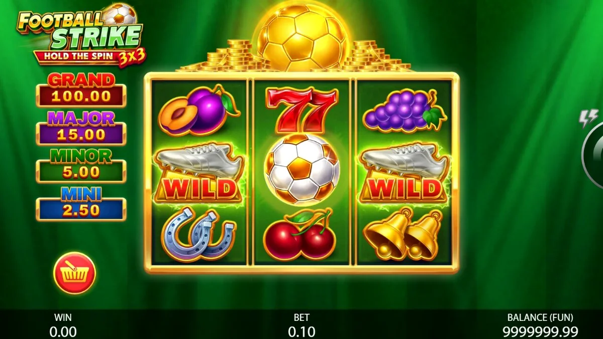 Tampilan visual slot 3x3 Football Strike dengan elemen stadion dan simbol buah klasik.