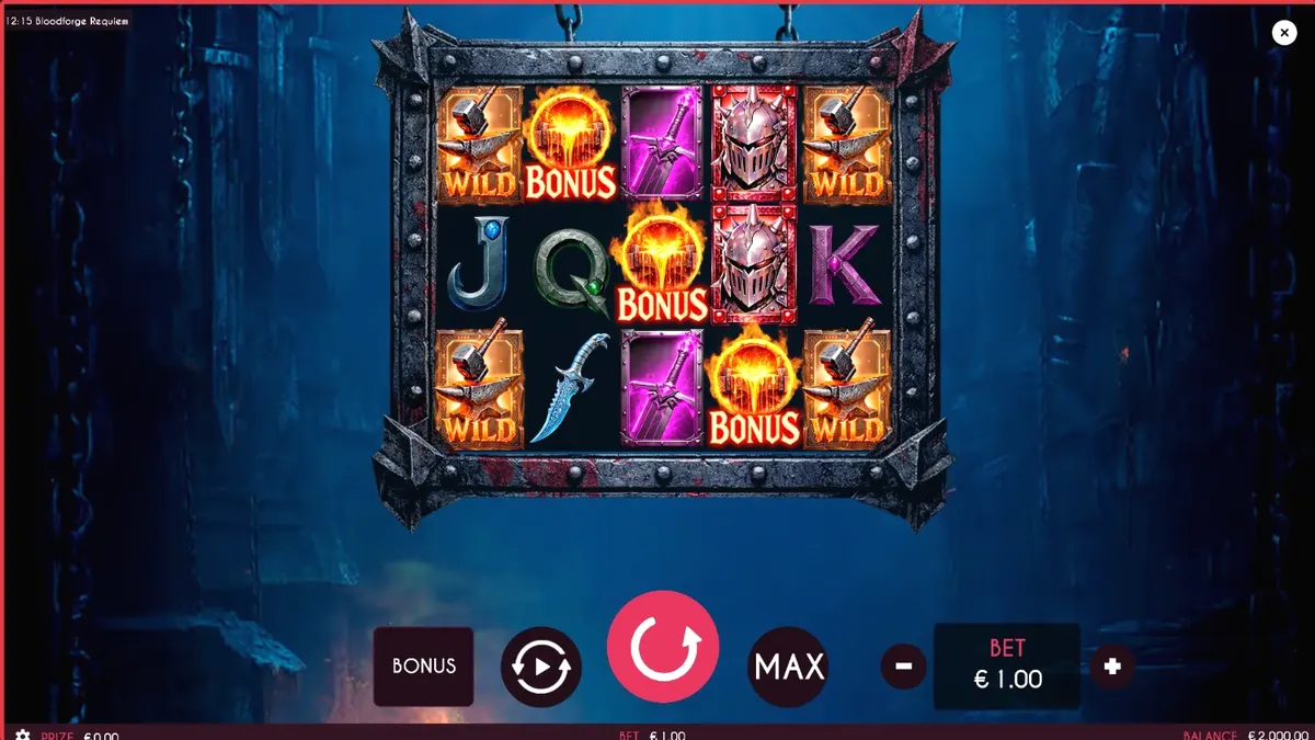 Visual bertema fantasi gelap dari slot Bloodforge Requiem dengan latar belakang api dan logam cair