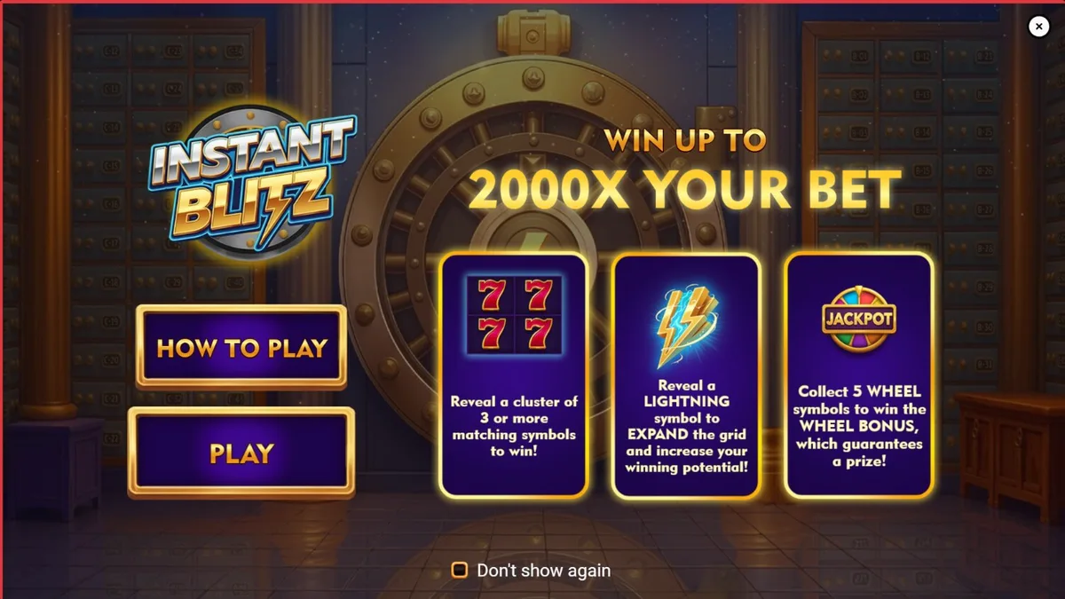 Tampilan visual slot Instant Blitz dengan tema brankas neon dan simbol emas