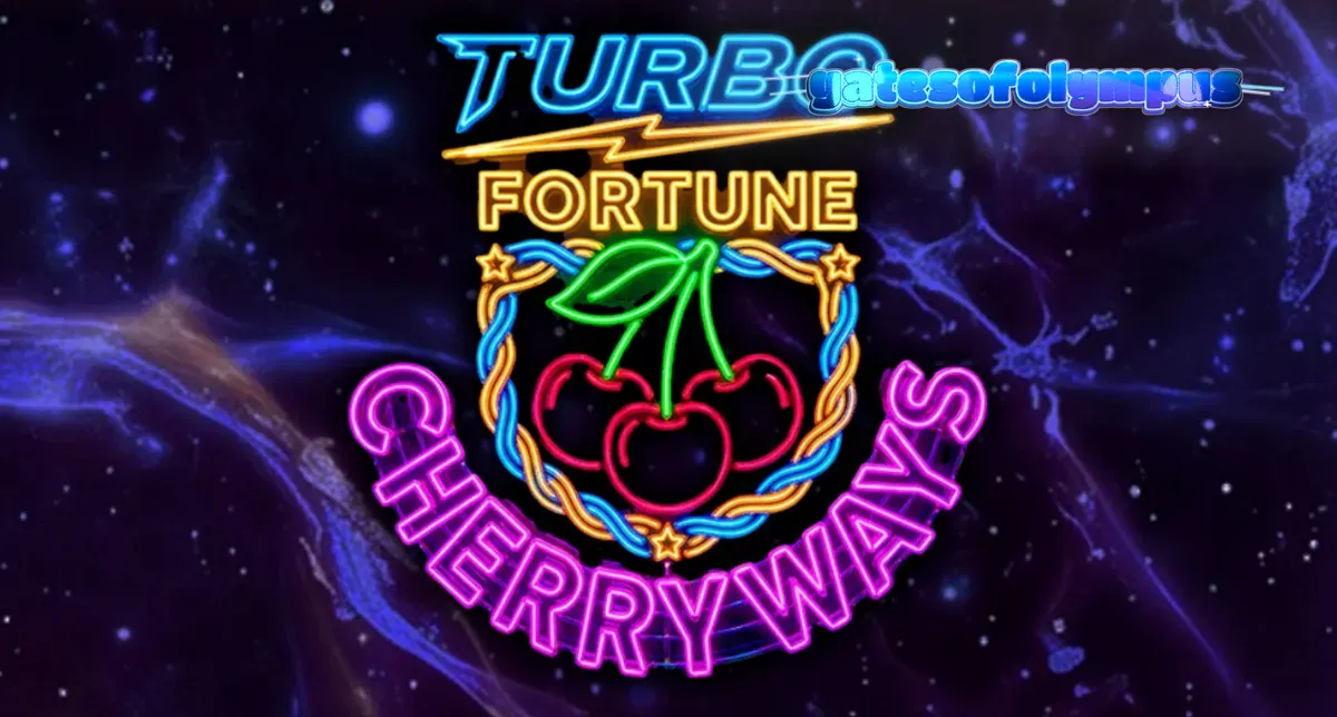Tampilan layar permainan slot Turbo Fortune Cherryways dengan simbol buah neon yang menyala dan latar belakang futuristik.