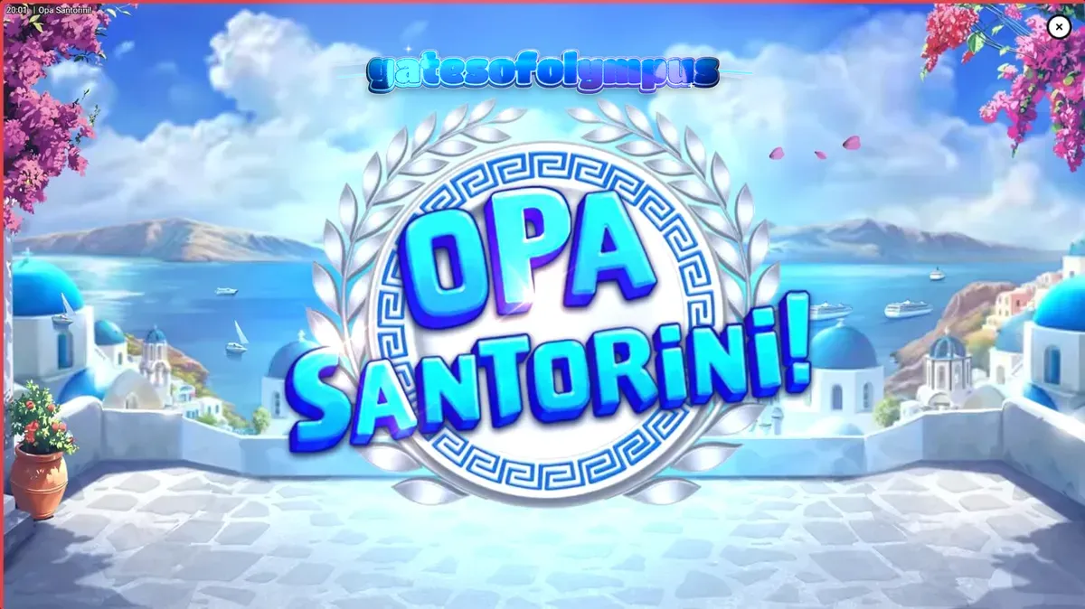 Pemandangan indah pulau Santorini dengan elemen visual slot Opa Santorini!